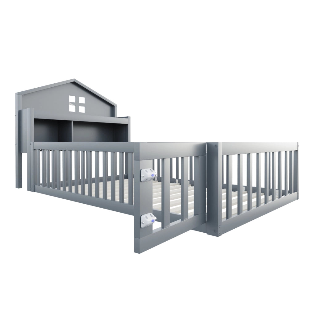 Lettino per bambini a forma di casa 90x200 cm in legno massello grigio; con ripiani e porta