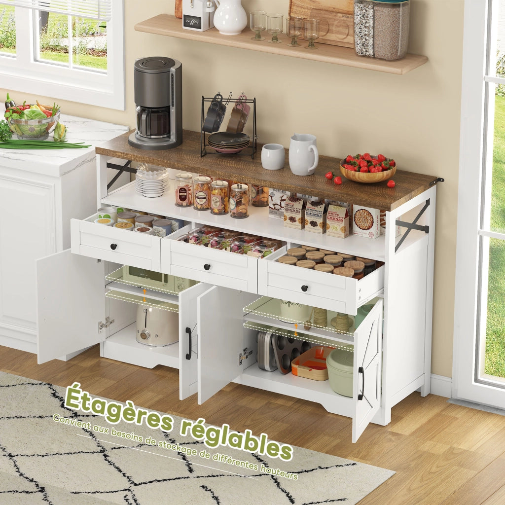 Buffet Credenza 140 cm ¨C MINIMAL ¨C Bianco/Marrone, 3 Cassetti, Ante, Ripiani, Legno