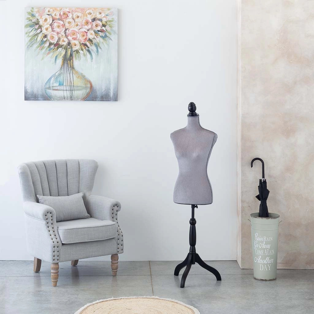 Manichino in legno e schiuma rivestito in tessuto grigio 24x37,5x168h