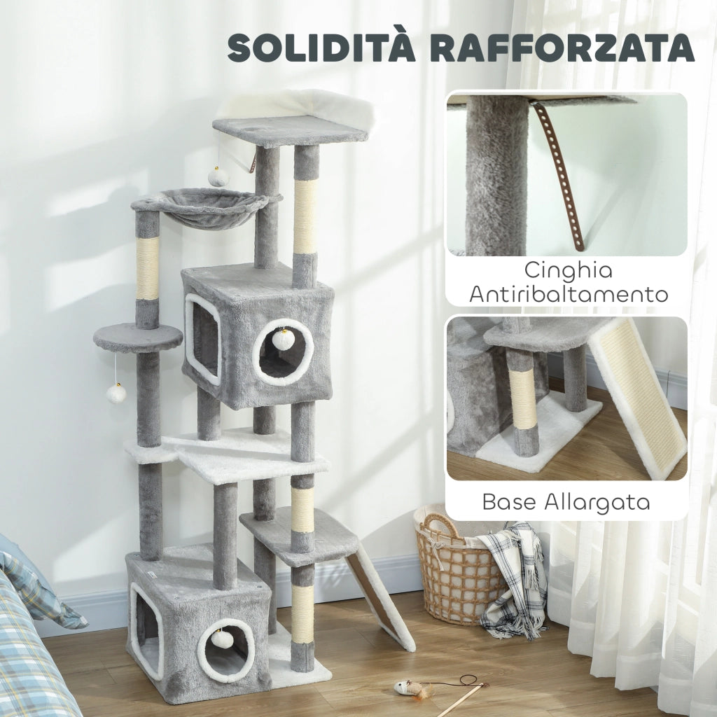 Albero Tiragraffi per Gatti 48x40x165 cm con 2 Casette Rampa Trespoli in Peluche e Sisal Grigio e Bianco