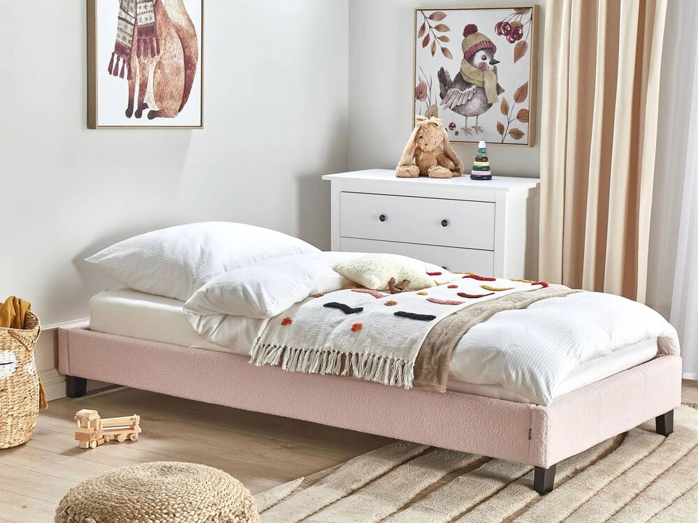 Letto singolo 90 x 200 cm in bouclé rosa chiaro con rete a doghe senza testiera
