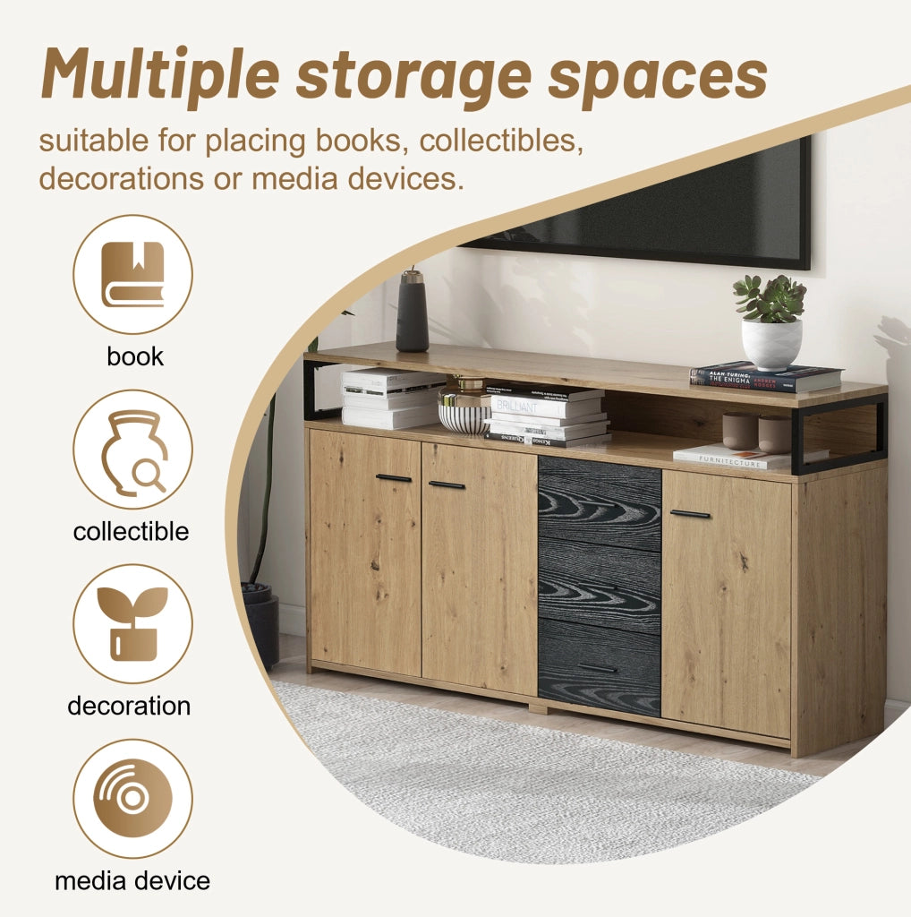 Credenza ULEVR 150x35x75,9 cm con 3 ante, 3 cassetti e ripiani regolabili, nero e marrone