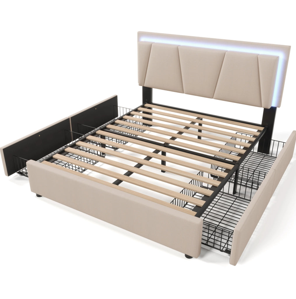 Letto imbottito 140x200 cm con LED; 4 cassetti e testiera regolabile beige