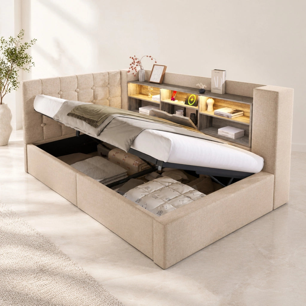 Letto singolo 90x190 cm con LED, contenitore idraulico e testiera a L, beige