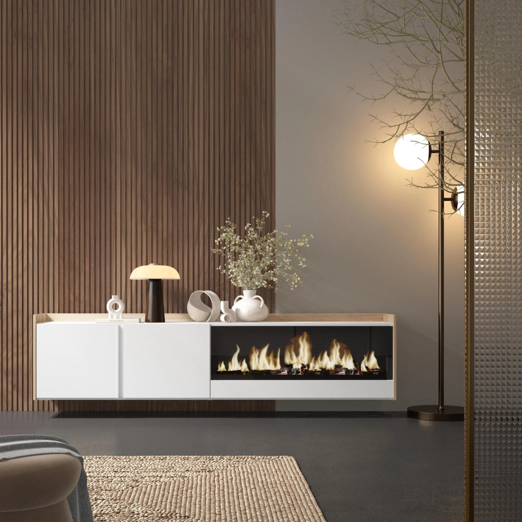 Mobile TV Soggiorno, 212x50x35 cm, Per TV fino a 80", Camino elettrico XXL, Sospeso, da appendere, Bianco e Rovere soft