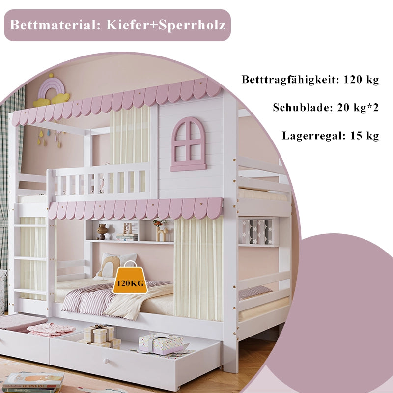 Letto a Castello 90x200 cm; 2 Posti; con Cassetti; Mensole e Scala; in Legno; Bianco Rosa