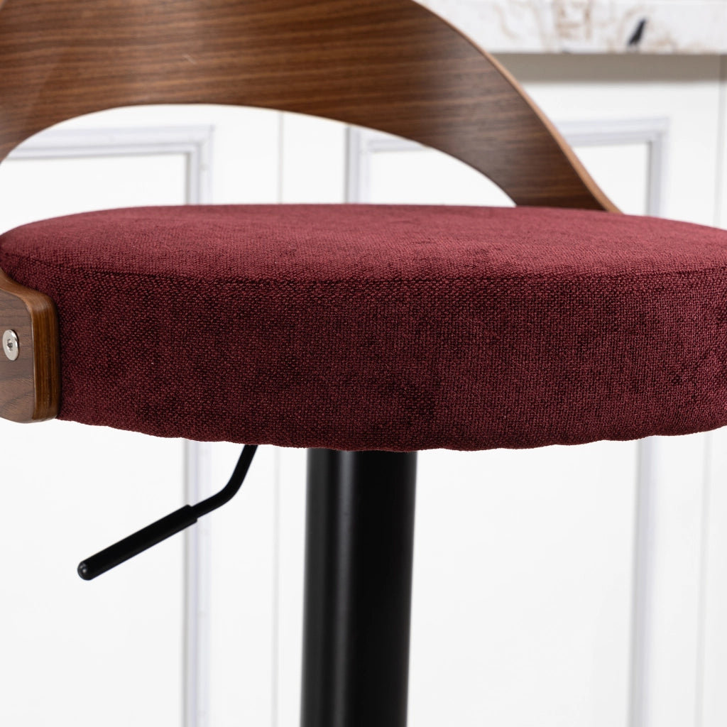 Sgabello da bar girevole 360° con altezza regolabile, schienale e poggiapiedi, in lino, Rosso vino