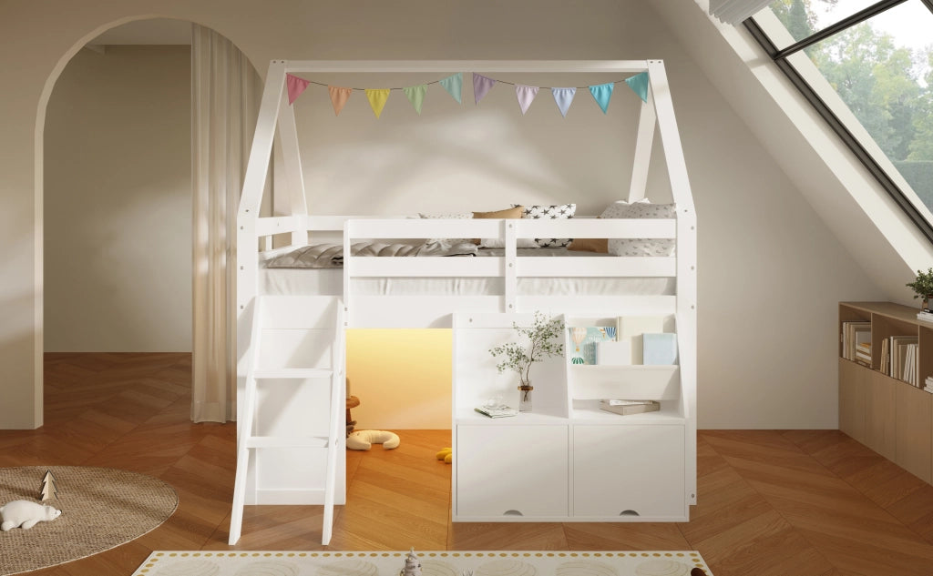 Letto a soppalco a forma di casa 140x200 cm bianco con scale e illuminazione LED