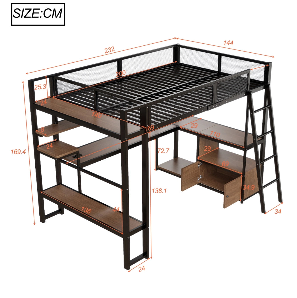 Letto a soppalco gaming 140x200 cm nero con scrivania, LED e ricarica