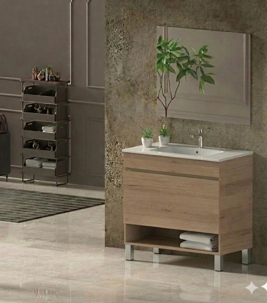 Mobile Bagno NEBARI com gambe Già Montato 1 cassetto, lavabo e specchio Estepa 80x40 cm