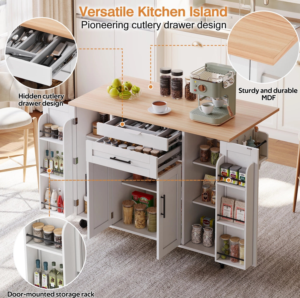 Isola cucina con bar 120x60x91 cm 2 cassetti 3 ante prese AC e USB MDF bianco