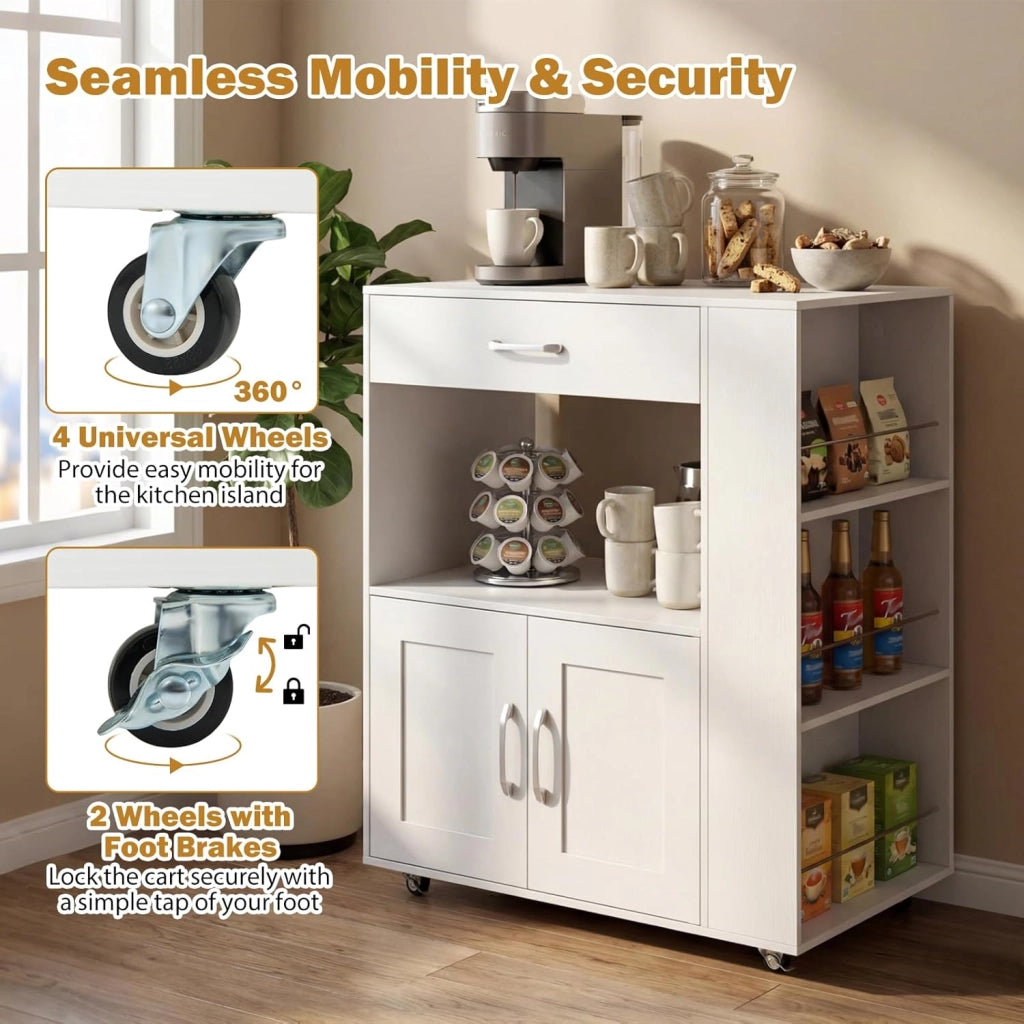 Credenza da Cucina su Ruote, Isola Mobile, Carrello da Servizio con Cassetto e 3 Ripiani, 2 Colori, 75x46x89 cm (Bianco Pieno)