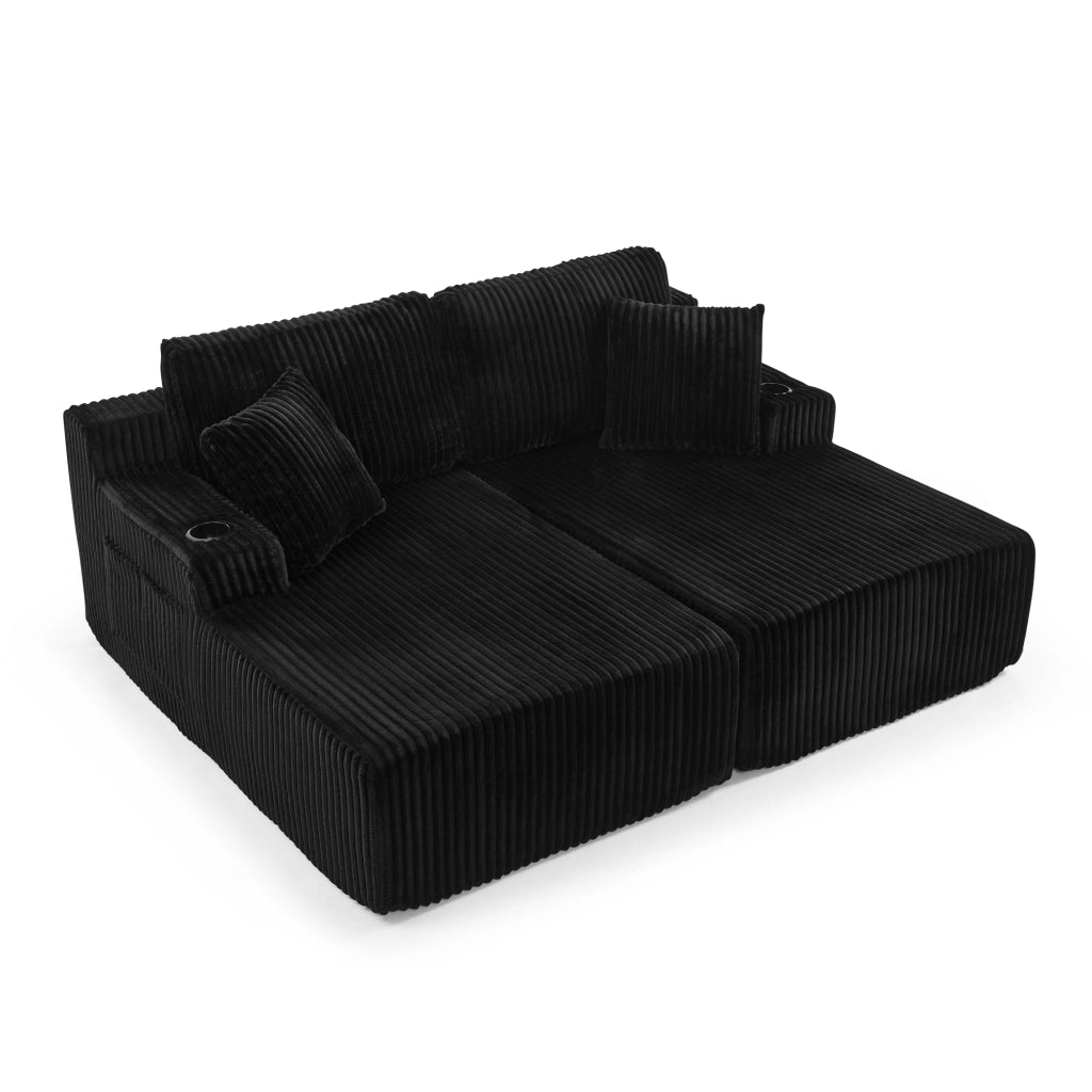 Divano Letto 2 Posti Relax ¨C Xylo ¨C Tessuto a Coste, Nero, con Cuscini e Portabicchieri