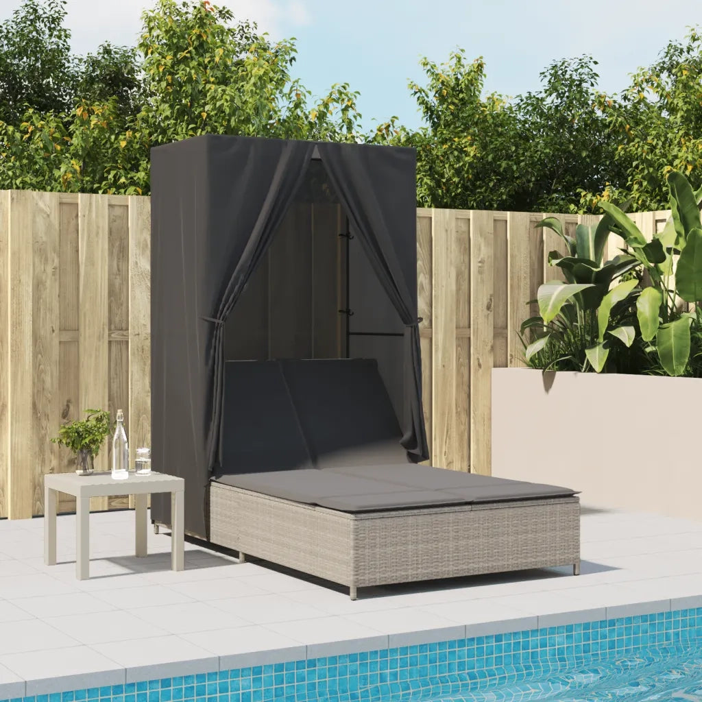 Lettino Prendisole | Sdraio da giardino | Lettino da sole Tetto e Tende Grigio Chiaro in Polyrattan