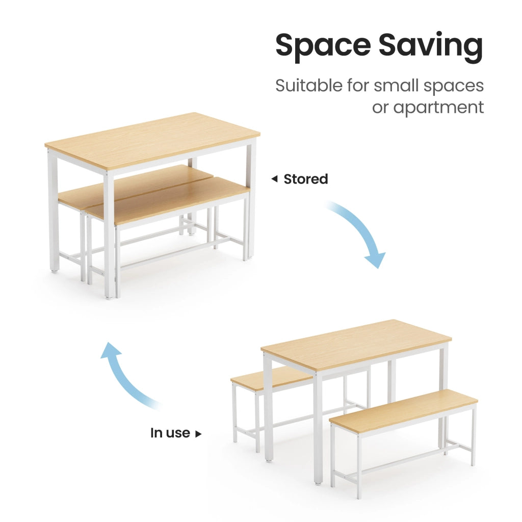 Tavolo da pranzo per 4 persone con 2 panche, stile industriale, per cucina, in truciolare e acciaio, naturale e bianco, 110 × 60 × 75 cm