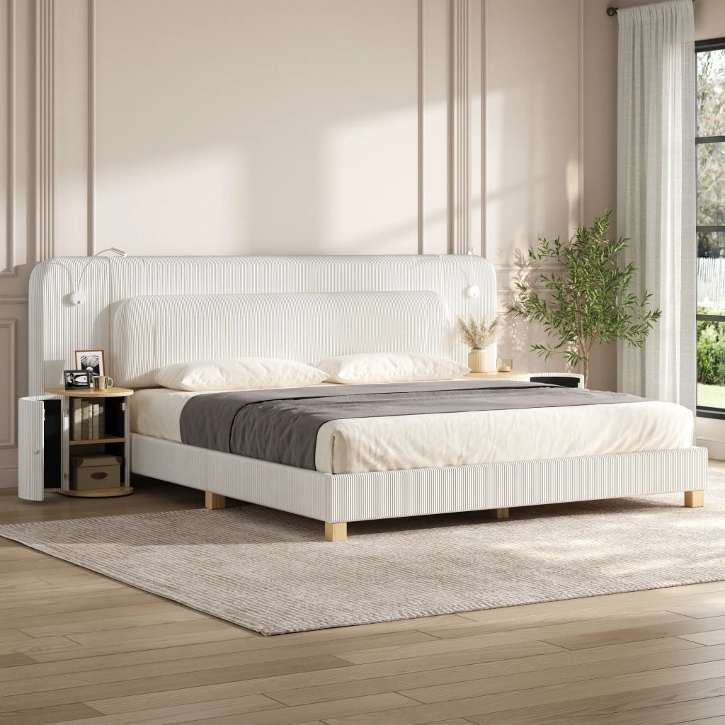 Letto 140x200 cm in velluto a coste beige, con comodino e lampada da notte