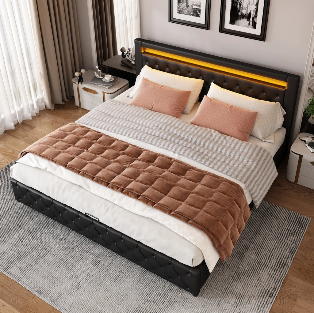 Letto imbottito 160x200 cm; con LED e contenitore; PU nero (Senza materasso)