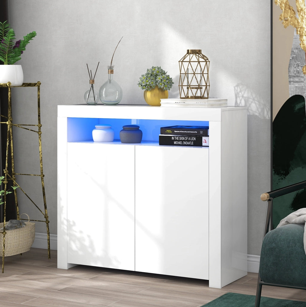 Credenza bianca con LED, 2 ante e vano aperto 108 x 40 x 92 cm