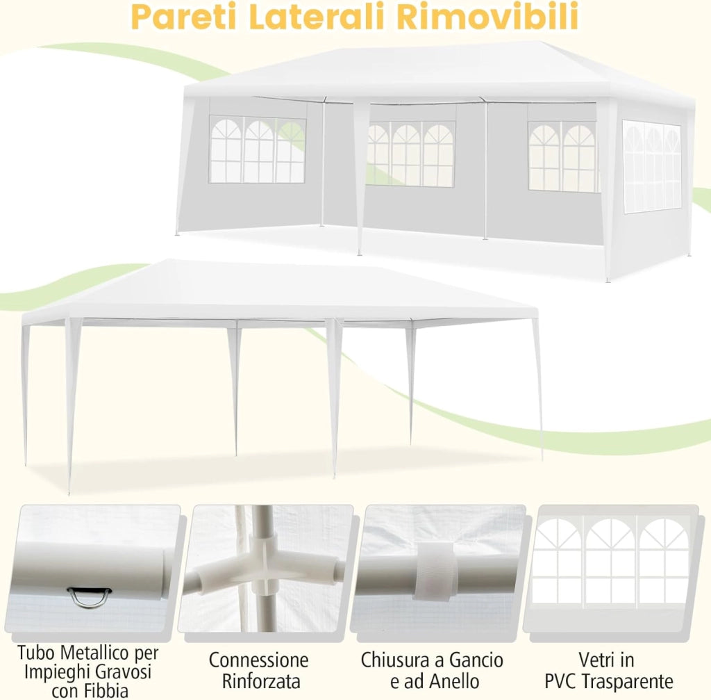 Gazebo da Giardino 6 x 3 m, Tendone per Feste con 4 Pareti Rimovibili, con Borsa di Trasporto, Impermeabile Protezione UV, per Matrimonio Eventi e Barbecue