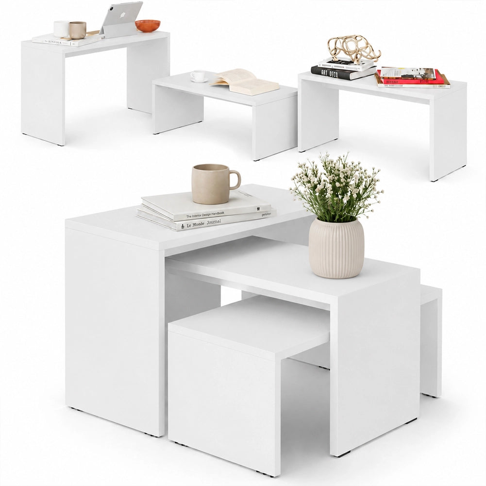 Tavolino Caffe Divano Salotto Rettangolare 3Pz Design Moderno Legno Bianco