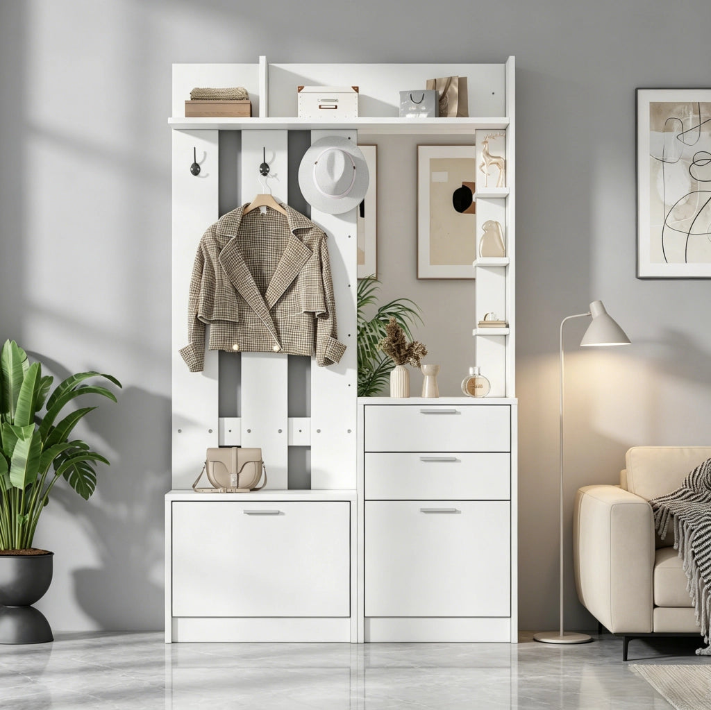 Mobile guardaroba con specchio; 2 cassetti e 2 scarpiere a ribalta in MDF bianco; 110×34×185 cm