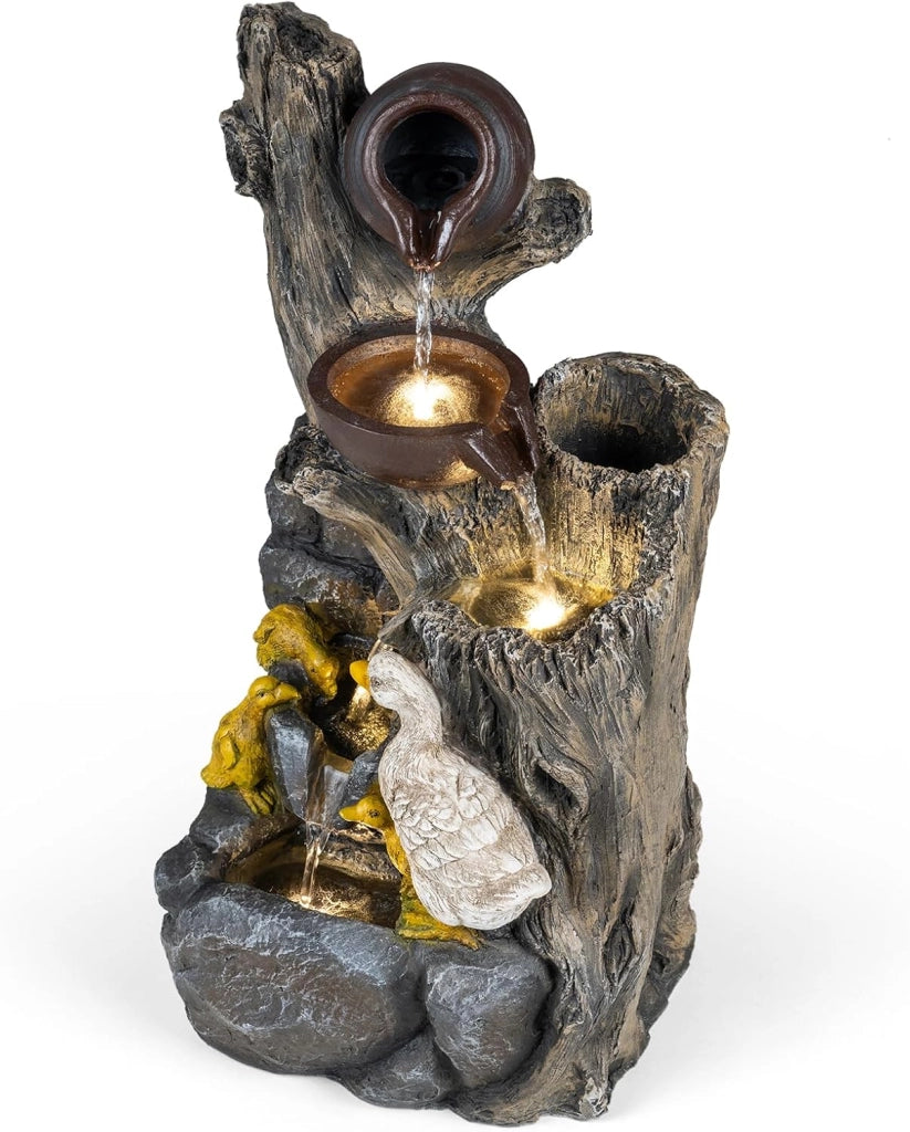 Fontana a Cascata da Esterno con Illuminazione LED e Pompa | Fontana da Giardino in Resina Effetto Pietra e Legno con Anatre per Cortile e Salotto 30 x 27 x 57 cm