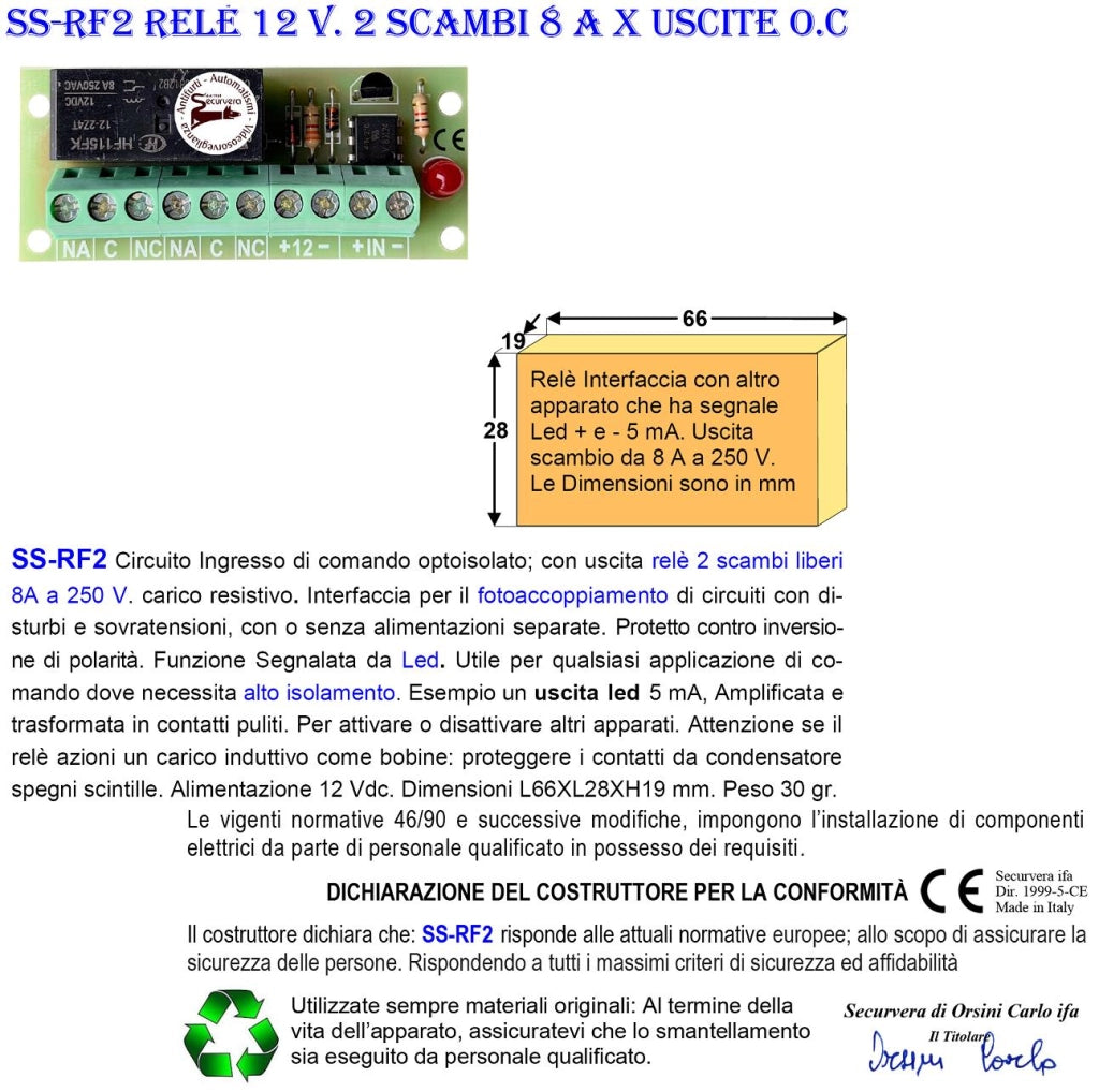 Uscita Led 5 mA Circuiti Separati Amplifica e Fotoaccoppia da Relè 24 V Interfaccia Attività Segnalata da Led 2 Scambi 8 A a 250V Carico Resistivo Evita Effetto Ratio e Fornisce Uscita Contatto Libero
