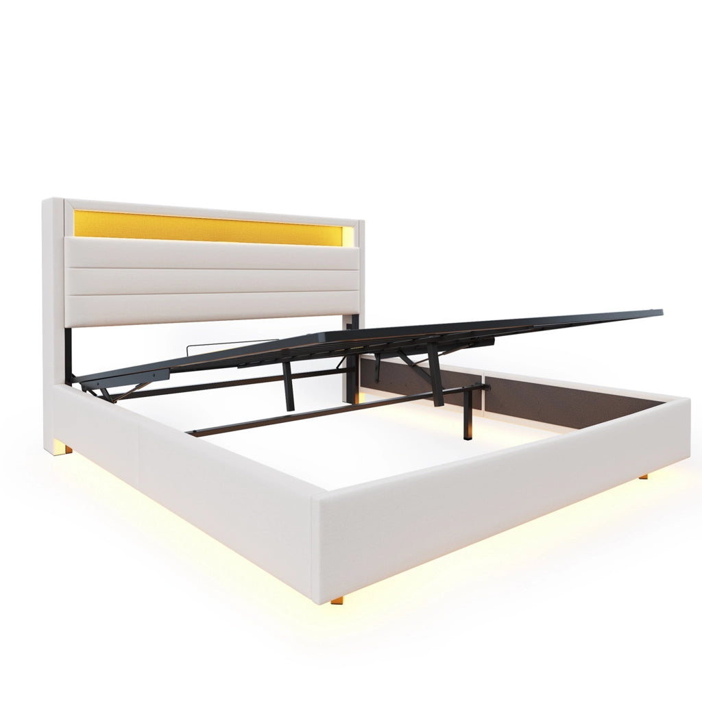 DESMIU Letto contenitore 140 × 200 cm 2 posti con sistema idraulico, USB e LED, senza materasso, beige