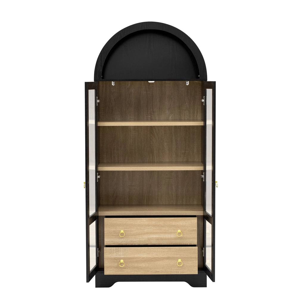 Vetrina, mobile da ingresso, credenza, ripiani regolabili, 2 cassetti, ante in vetro, nero