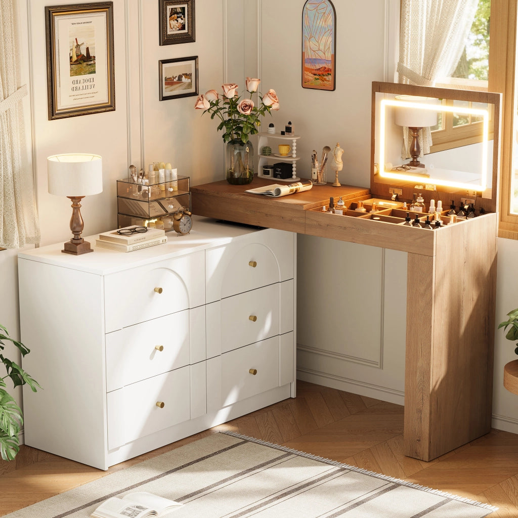 Tavolo da toeletta girevole con specchio LED, scrivania 2 in 1, Bianco + effetto legno, 105¡Á40¡Á80 cm