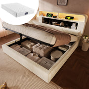 Letto contenitore 140x200 cm in velluto beige con LED, USB e materasso –