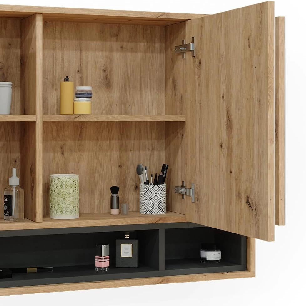 Specchio contenitore bagno Beatrice, Rovere artigianale/antracite, 80 x 72 cm, per montaggio a parete con ripiani aperti