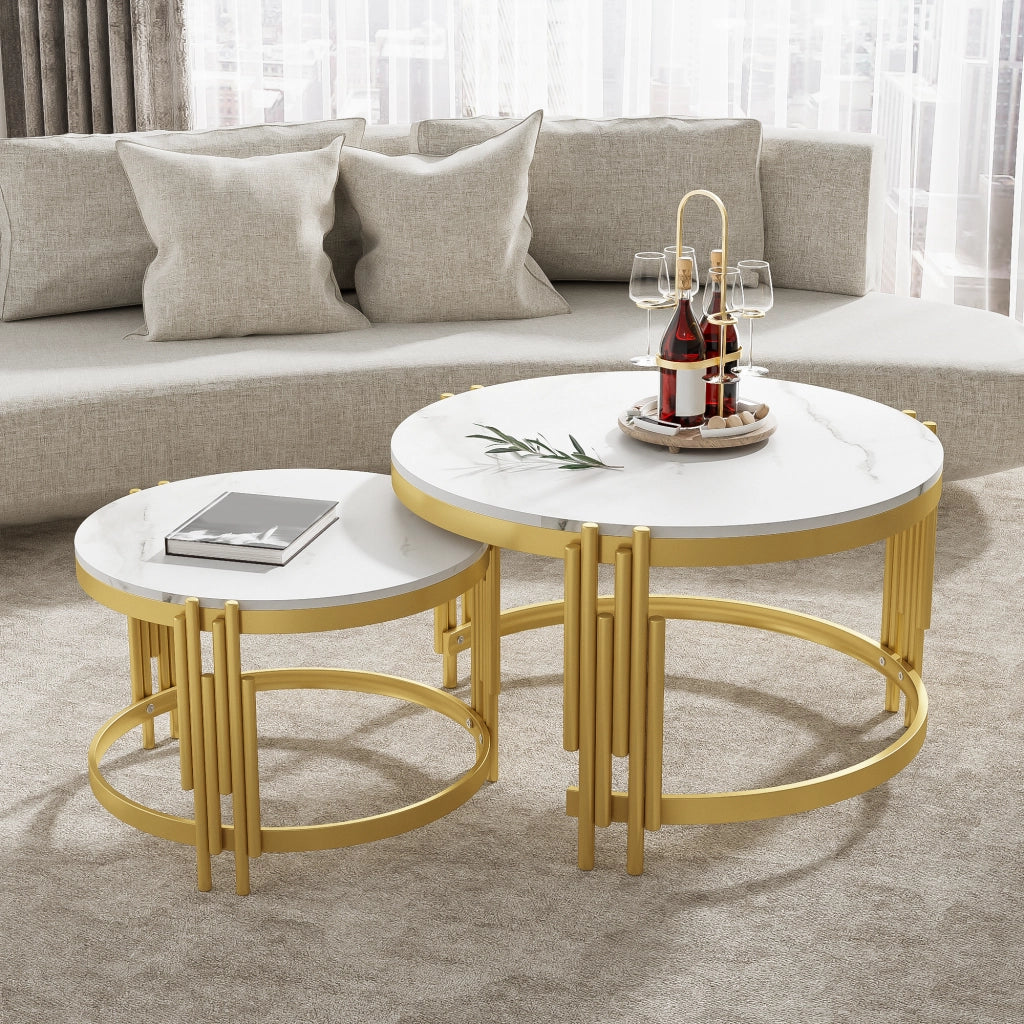 Set di tavolini da caff¨¨ modulari effetto marmo con struttura in metallo color ottone antico, 2 pezzi