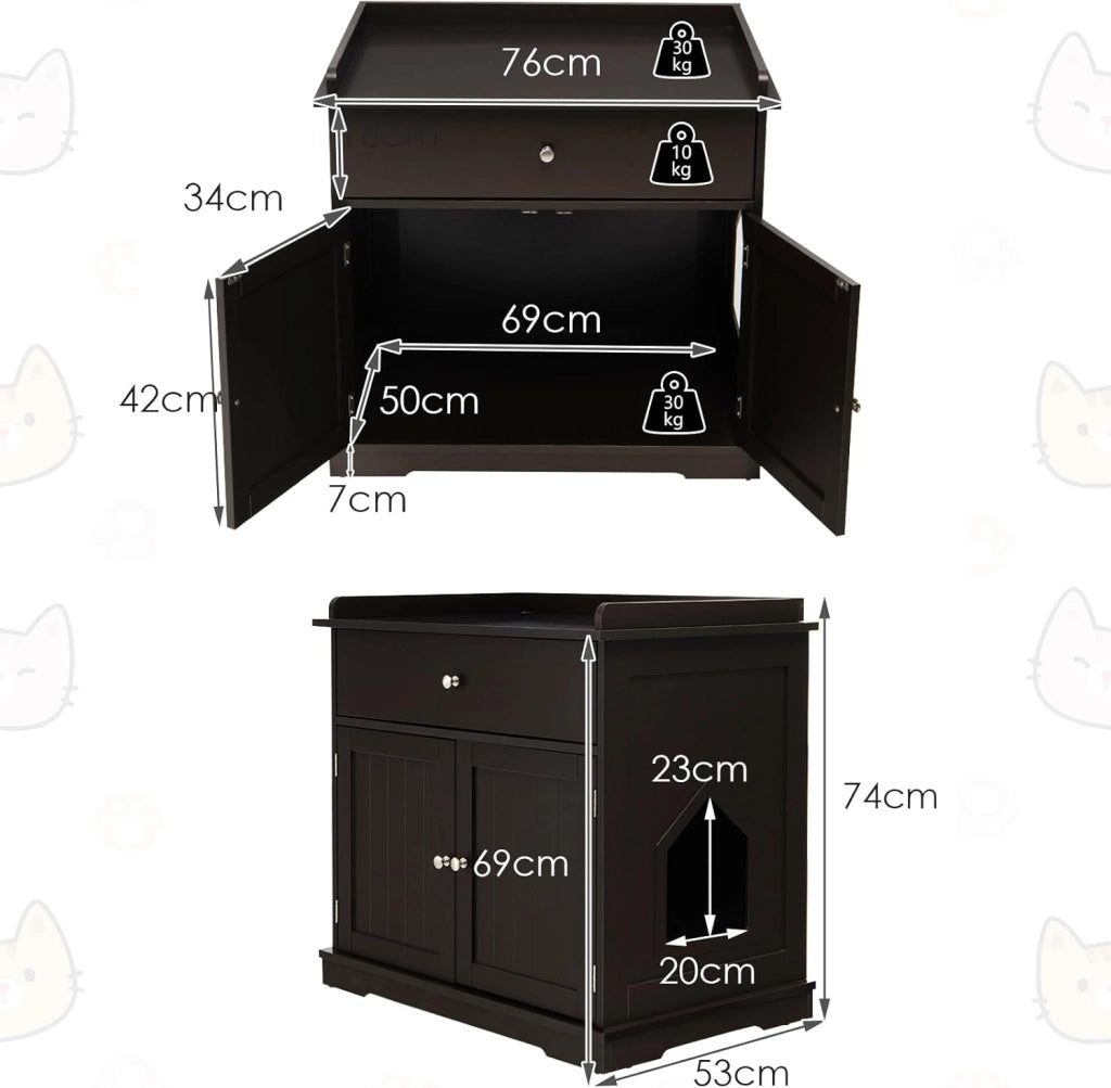 Mobile per Lettiera Gatti in Legno, con Portaoggetti, 2 Ante, Cassetto e Ingresso Laterale, Mobiletto Multiuso per Ingresso e Soggiorno, 76 x 53 x 74 cm, Carico Massimo 30 kg (Caffè)