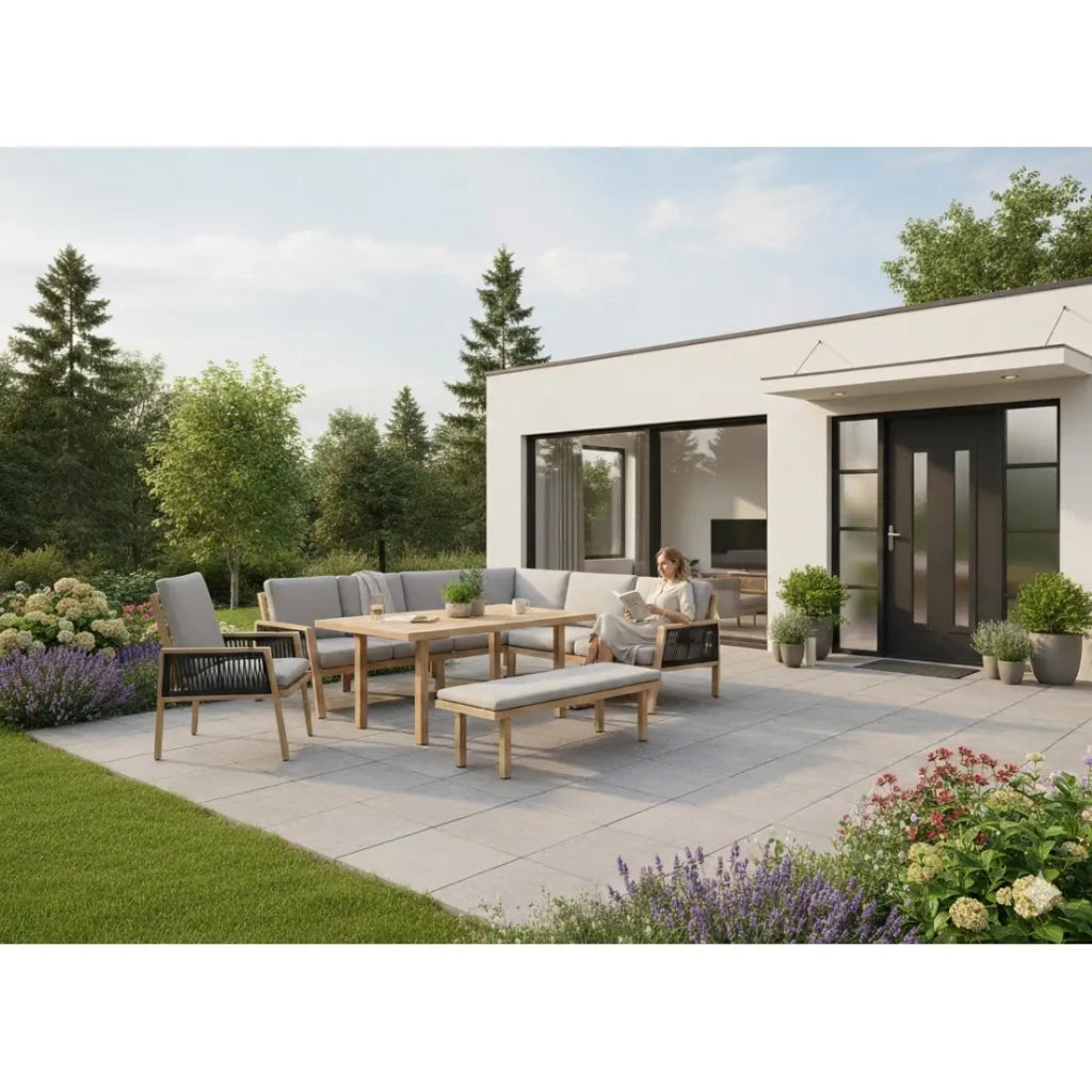 Salotto da giardino ad angolo 8 posti in alluminio marrone con panca e tavolino basso – ALUMA