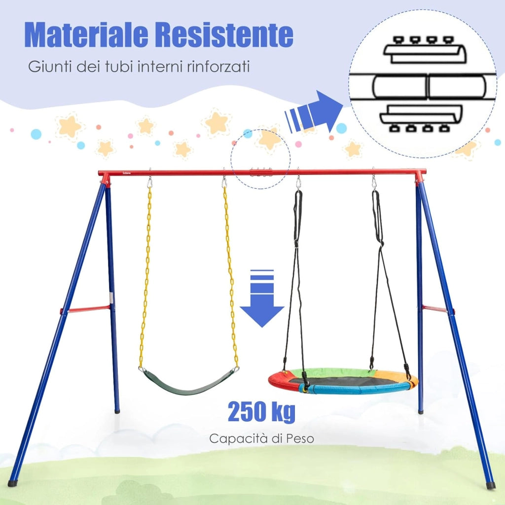 Supporto per Altalena a Telaio Girevole, Telaio per Altalena a Forma di A con Tappo Antiscivolo in Metallo, Supporto per Altalena Bambini a 2 Posti, Portata di 250 kg
