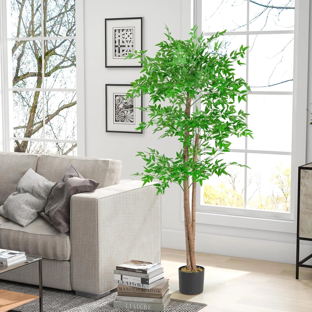 Albero di Bamboo Artificiale 150 CM, Pianta di Bamboo Finta con 1020 Foglie, Tronco in Legno Naturale, Muschio Secco Realistico, Albero Finto Alto da Interno per Casa, Ufficio e Soggiorno