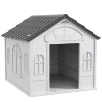 Casetta per Cani in PP Impermeabile con Tetto Inclinato e Porta di Ingresso, 84.2x98.2x82 cm, Grigio