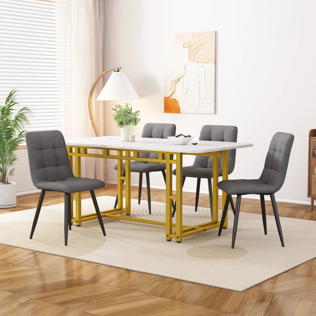 Tavolo da pranzo con 4 sedie, piano in MDF e gambe in metallo dorato, per cucina e soggiorno, grigio, 120 × 70 cm