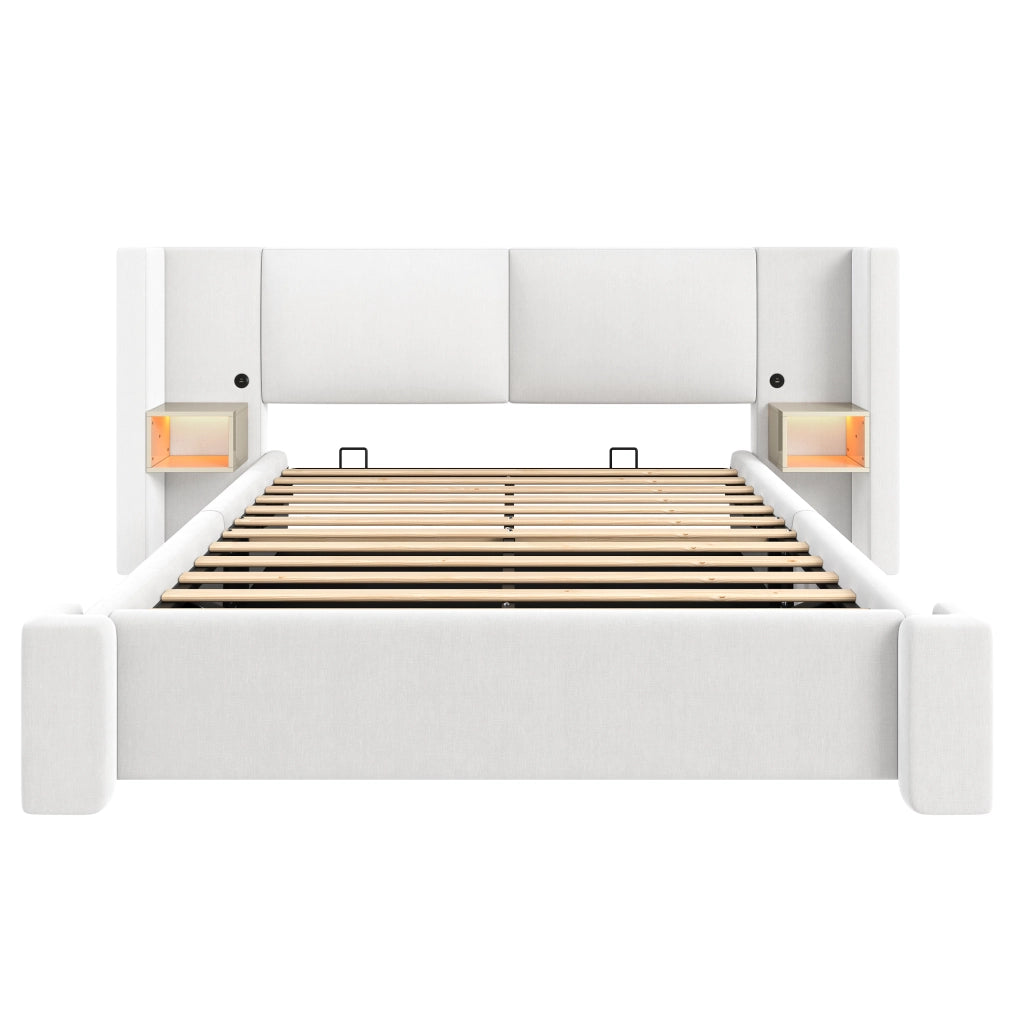 Letto imbottito 180x200 cm in lino beige con contenitore idraulico e LED