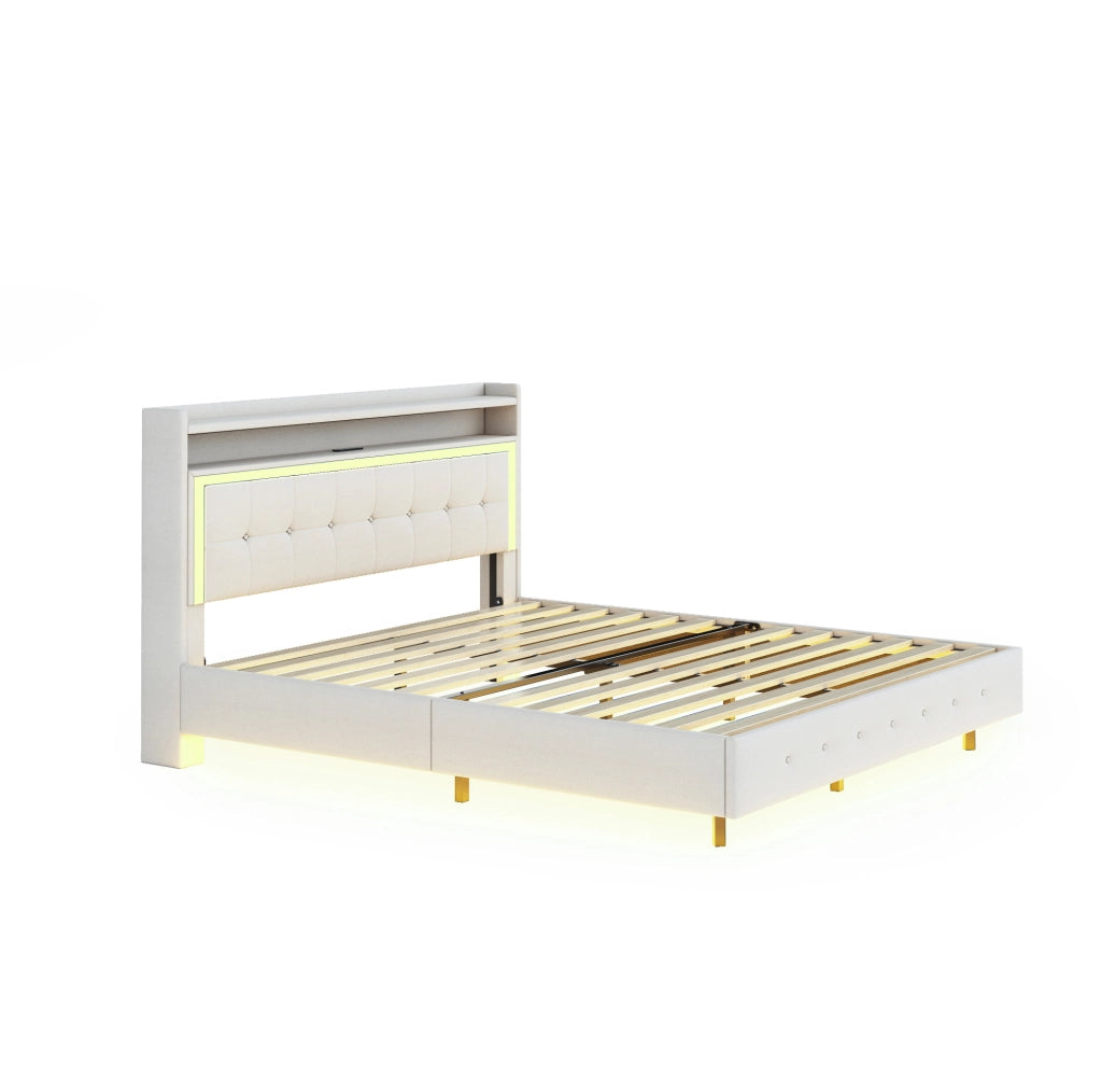 Letto imbottito 140x200 con USB e luci LED, beige