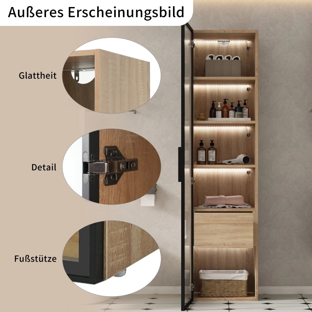 ARMADIO DA BAGNO con 1 cassetto e 1 anta in vetro temperato, MDF naturale