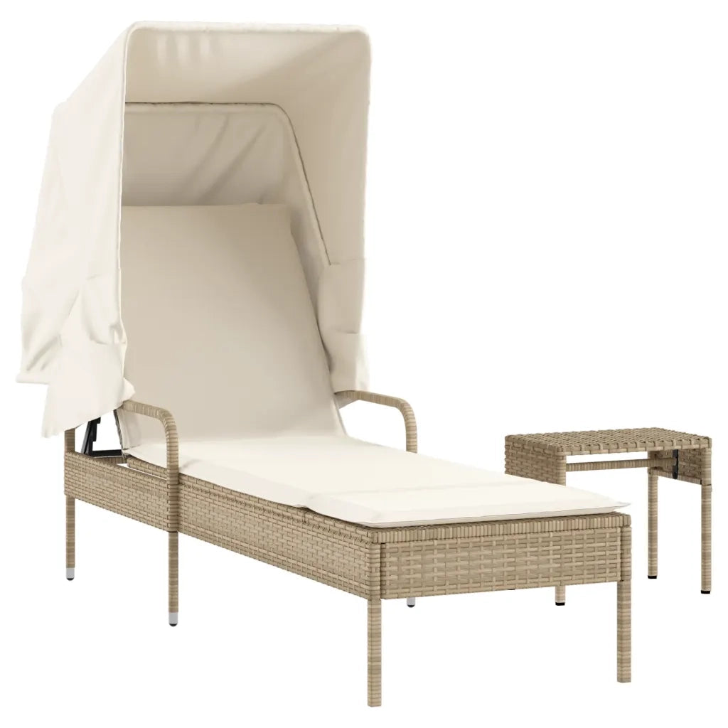 Lettino Prendisole | Sdraio da giardino | Lettino da sole con Baldacchino e Tavolino Beige Polyrattan