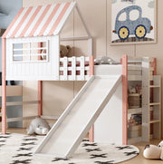 Letto a soppalco 90x200 cm con scivolo e scala in legno e MDF rosa