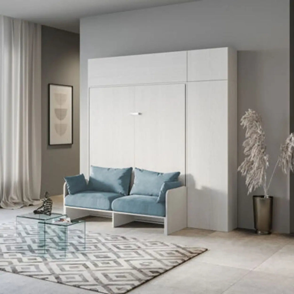 Letto matrimoniale a scomparsa 160 Kentaro con divano e mobili bianco frassino, azzurro
