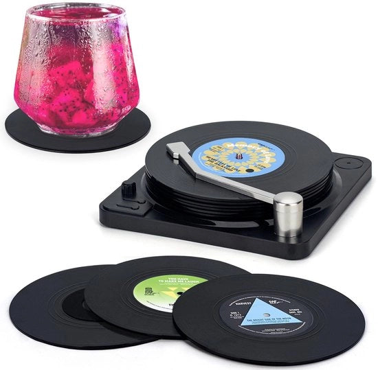 Vinili Retro Platen Sostegni con Giocatore, 6 Pezzi Sostegni in Vetro per Bevande, Bar, Caffè, Casa, Feste, Ufficio, Decorazione di Interno Moderna e Gag per Uomini