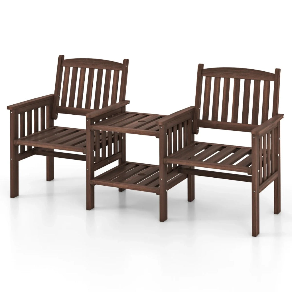 Panca da giardino 165 x 60 x 88 cm per 2 persone con braccioli e foro per ombrellone atmosfera accogliente legno color caffè 20_0010579