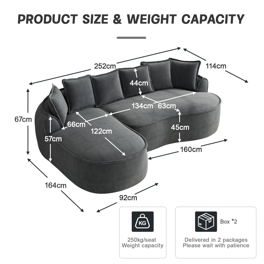 Divano modulare convertibile con chaise longue; seduta profonda; braccioli larghi; cuscini; ciniglia grigio