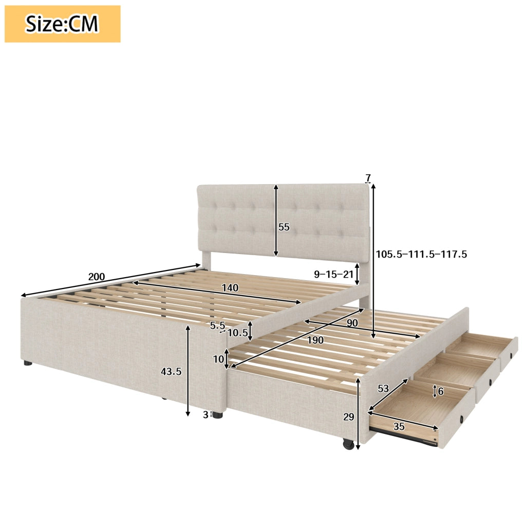 Letto imbottito 140x200 cm con letto estraibile e 3 cassetti; testiera regolabile; lino e MDF beige (Senza materasso)