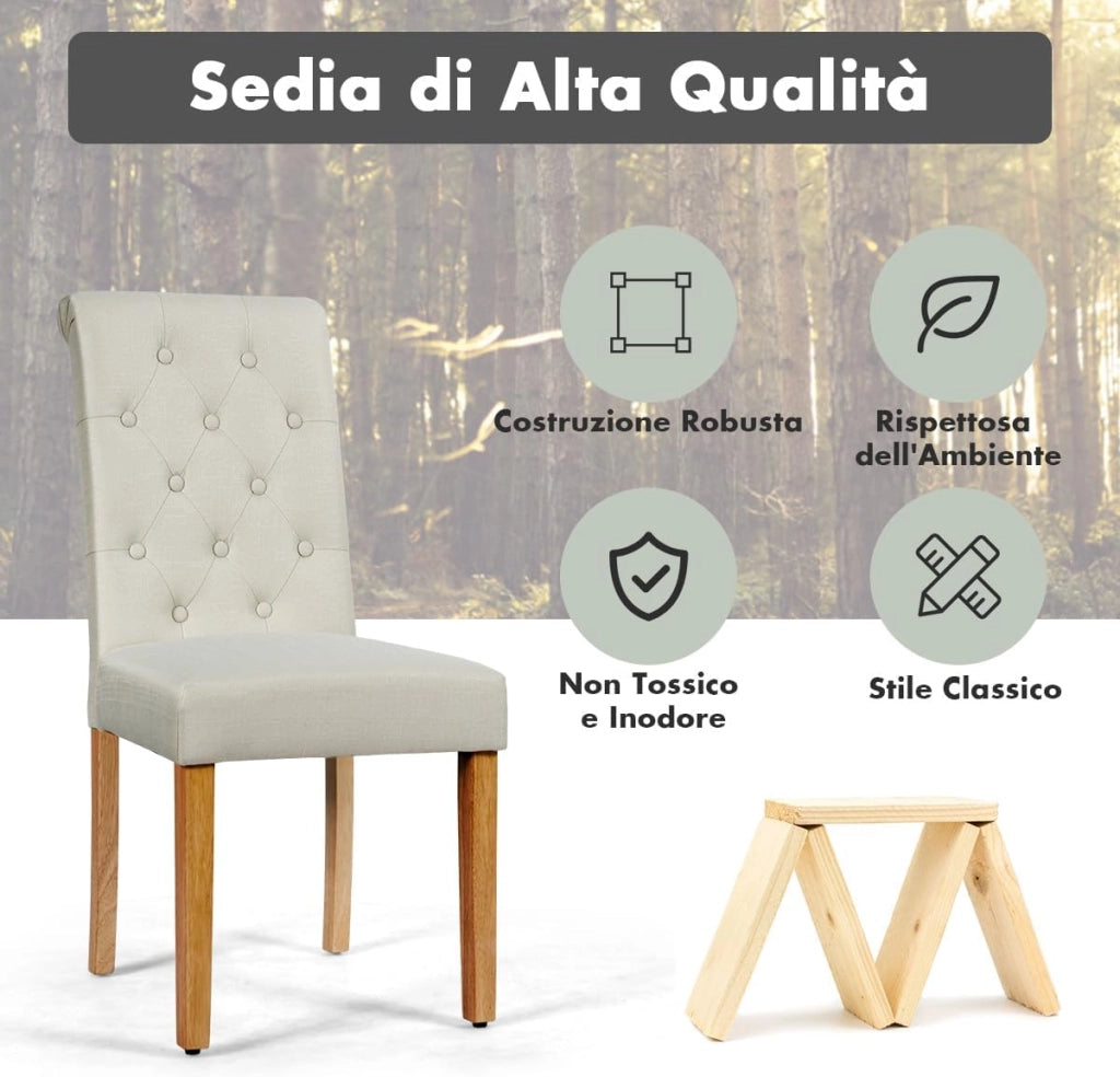 2 Seide Sala da Pranzo 43 x 61 x 100 cm, Seidie Cucina Laterali in Tessuto Rivestito con Gambe in Legno di Gomma, Tessuto di Lino Traspirante e Spugna ad Alta Densità (Beige)